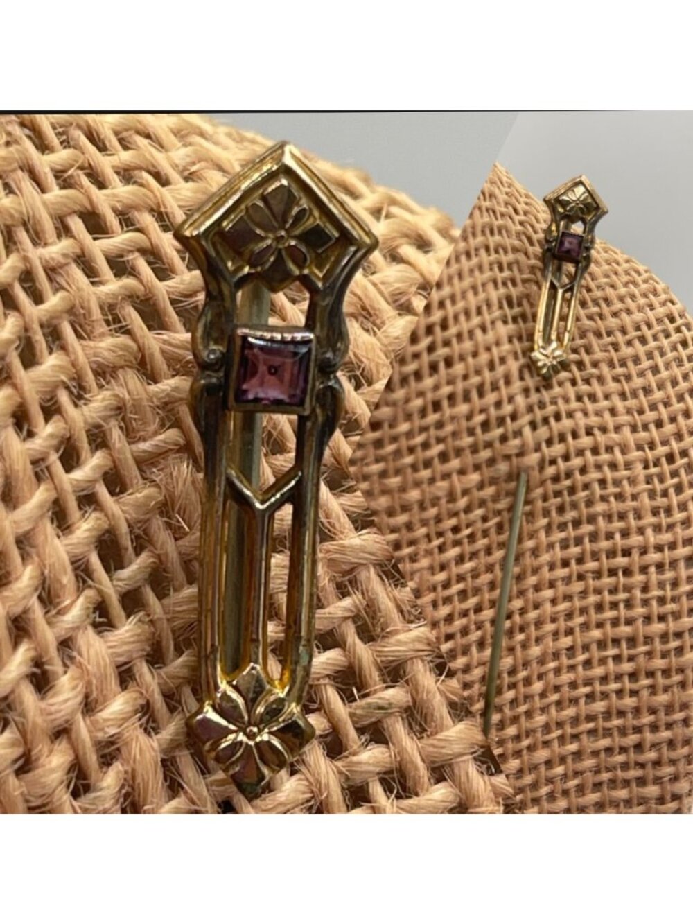 Victorian Era GF Elongated Geometric Floral Accent Stick Pin With Amethyst Glass